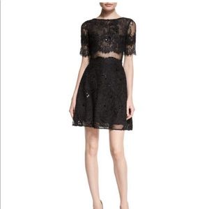 Marchesa Notte Flared Lace Cocktail Dress